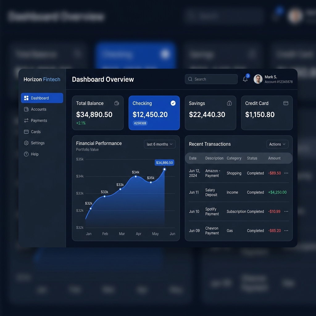 FinCore Banking Portal dashboard showing account balances and financial charts