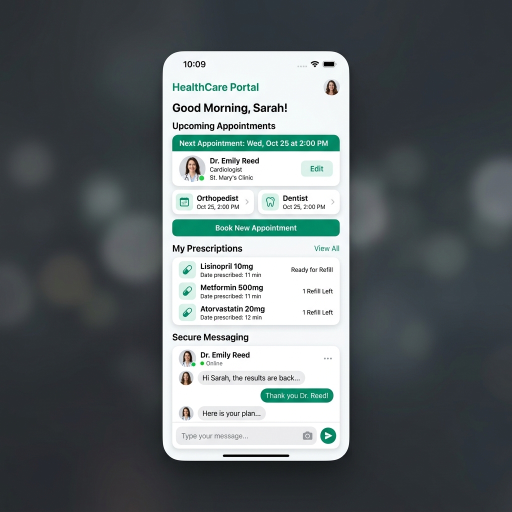 MedTrack Patient App showing appointments and prescriptions