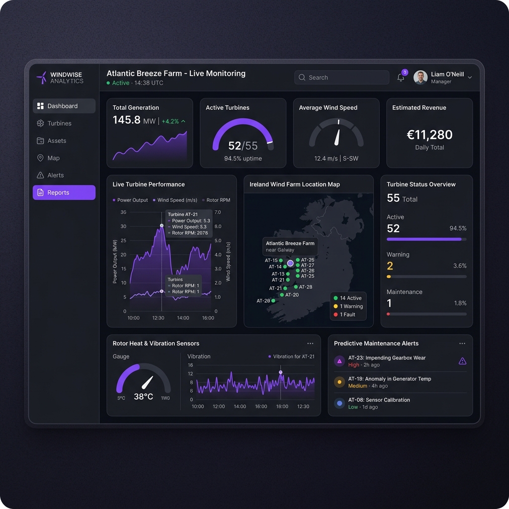 GreenEnergy IE Dashboard showing wind farm monitoring data
